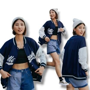 NEW Women's Navy/White Streetlife 80s Oversized Letter Colorblock Varsity Jacket
